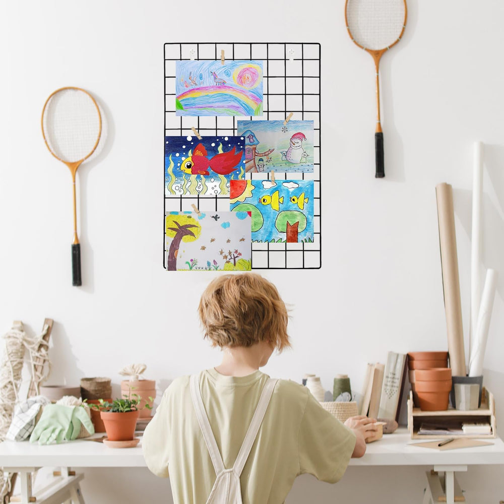 2 Pack Large Wall Grid Panels with Light and Clips, Photo Display Board, Pict...