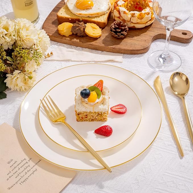 bUCLA 100PCS Ivory Plastic Plates with Gold Rim - Heavy Duty Cream Disposable Include 50 Dinner 10 inch & 50 Dessert 7 inch, for Party & Thanksgiving
