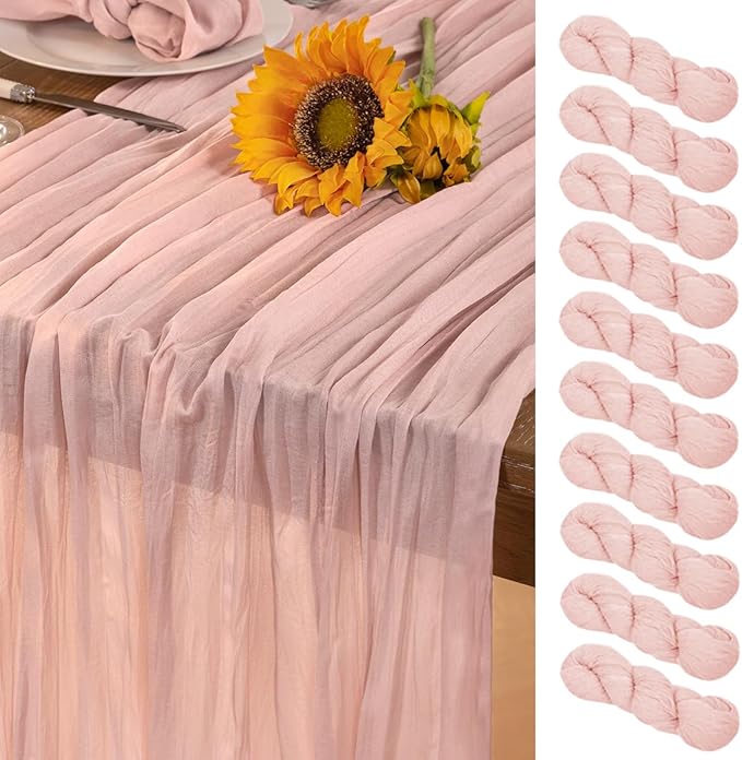 Pink Cheesecloth Table Runner 10 Pack Fall Table Runners Boho Gauze 120 Inches Light Pink Cheese Cloth Fall Table Decorations for Thanksgiving Wedding Bridal Girl Baby Shower Sweet 16 Party