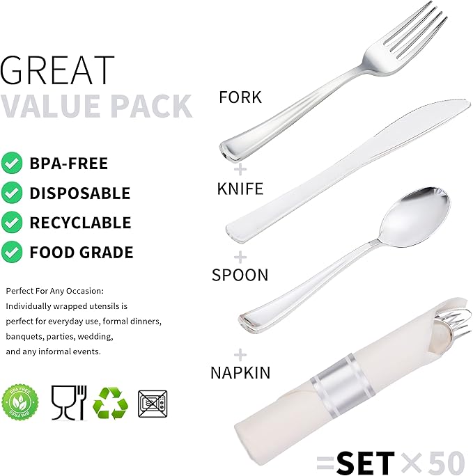 50 Pack Pre Rolled Silver Plastic Silverware Set, Disposable Wrapped Plastic Cutlery Set (50 Forks, 50 Knives, 50 Spoons, 50 Napkins) for Wedding Party