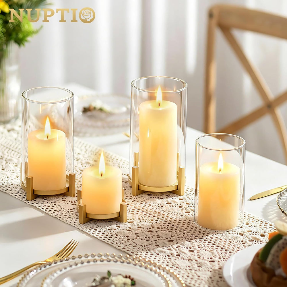 NUPTIO Gold Pillar Candle Holder: Hurricane Glass Candle Stands with Sleeve