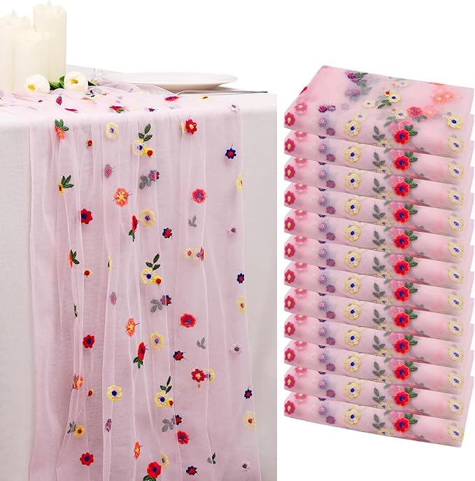 BINBE 12pcs Daisy Fall Table Runner Embroidery Gauze 10FT Florals Seasonal Tulle Holiday Birthday Kitchen Dining Table Decor for Home Party Pink