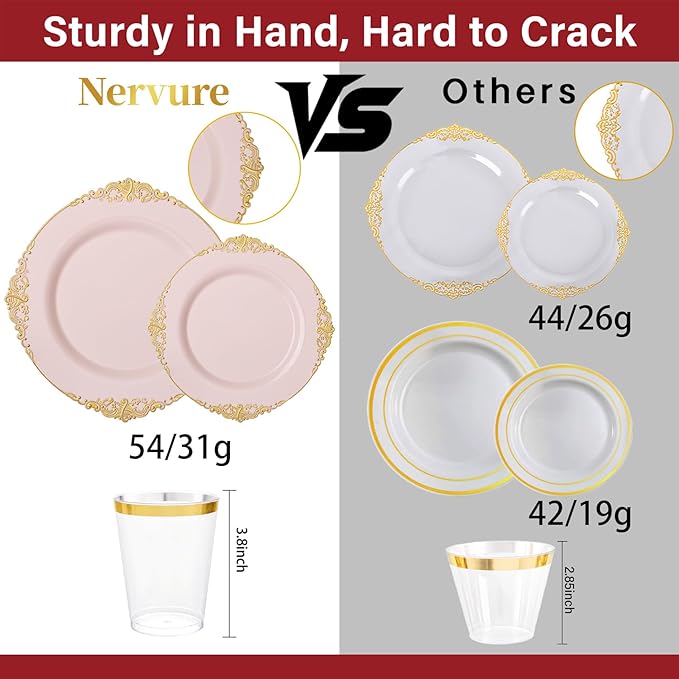 Nervure 350PCS Pink Plastic Plates - Pink Dinnerware Sets for 50 Guests - 100 Disposable Plates, 150 Gold Plastic Silverware, 50 Cups, 50 Napkins for Wedding & Party