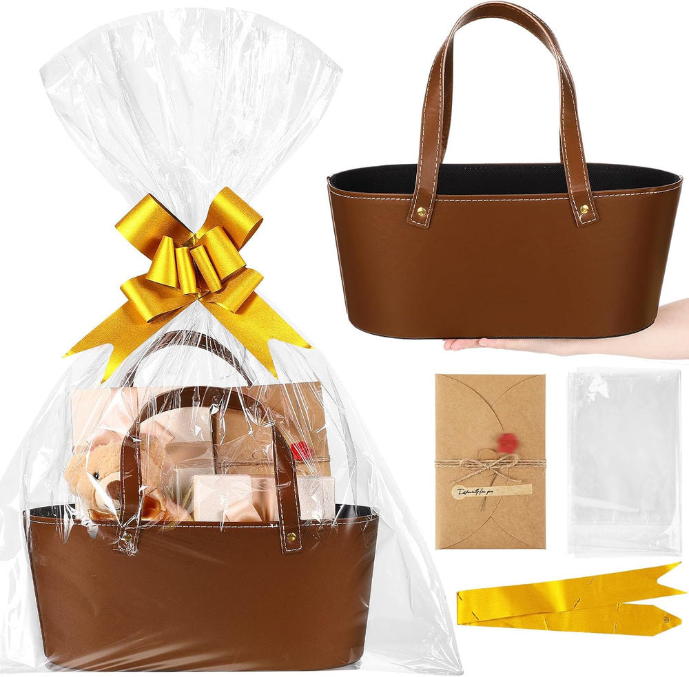 Wonderjune Empty Baskets for Gift Leather Thanksgiving Gift Bags, Brown