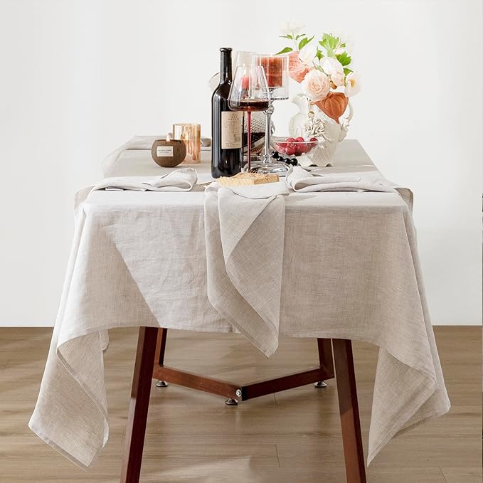 Talasily Linen Tablecloth 100% Pure Linen Table Cloth 60x132 Inches Rectangle Tablecloths Washable Cloths for Kitchen, Dining, Buffet Parties, Holidays, Picnic, Weddings and Restaurants-Natural Linen