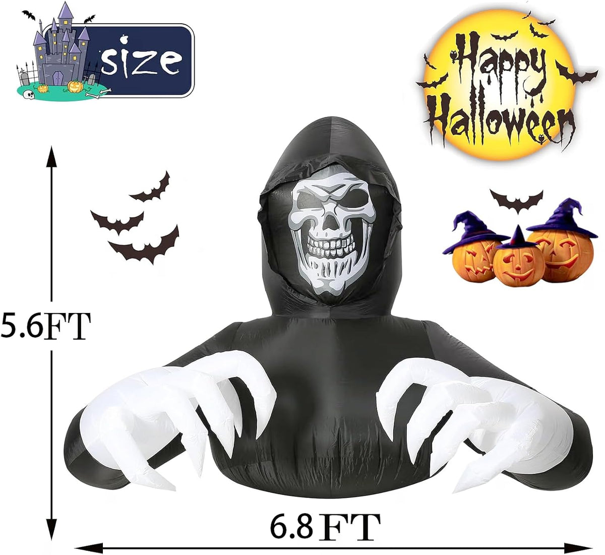 6.8ft width inflatables grim reaper outdoor halloween decoration shown in use