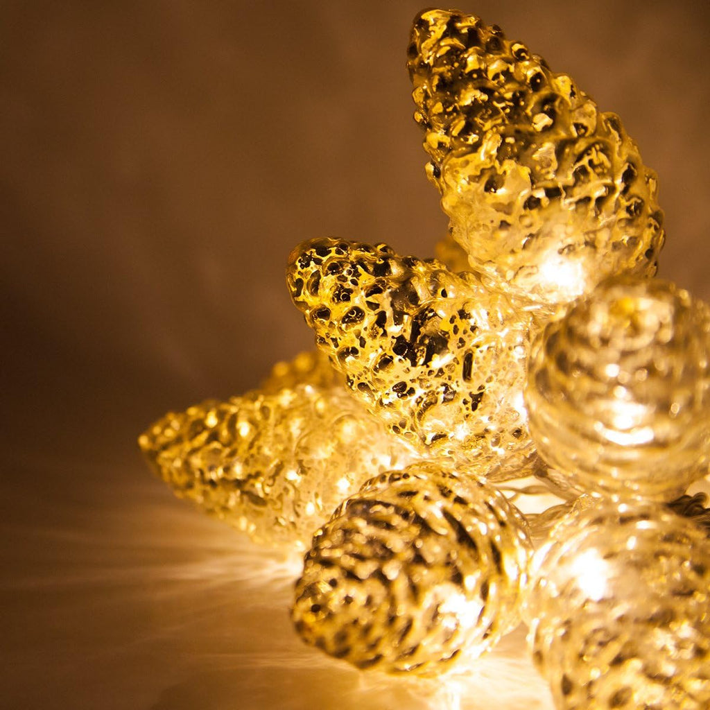 Wintergreen Lighting 6’ Mercury Glass Gold Star Lights/Gold Glass Pinecone String Lights – LED Lights String, Battery Operated, 10 Warm White LED Lights on Clear Wire (10 Pinecone Lights)
