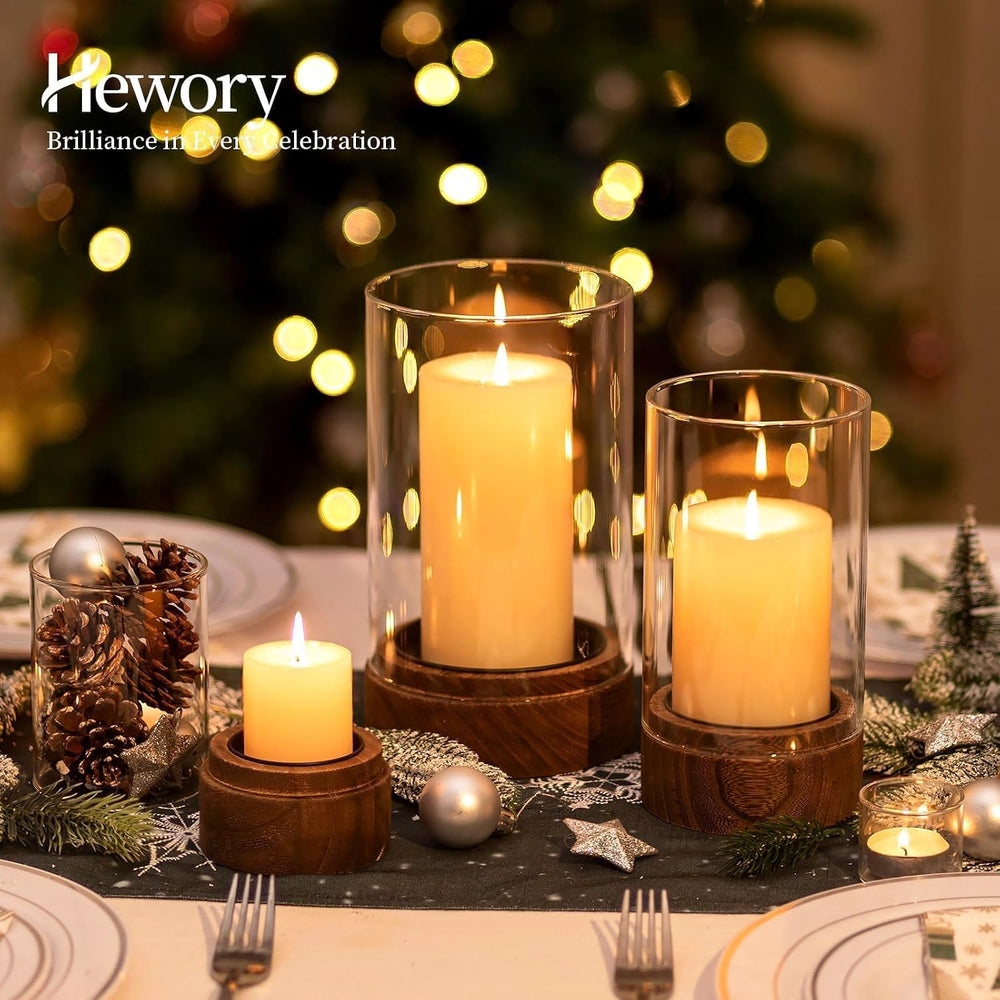 Hewory Hurricane Glass Candle Holders: 3PCS Wooden Brown Candle Holders