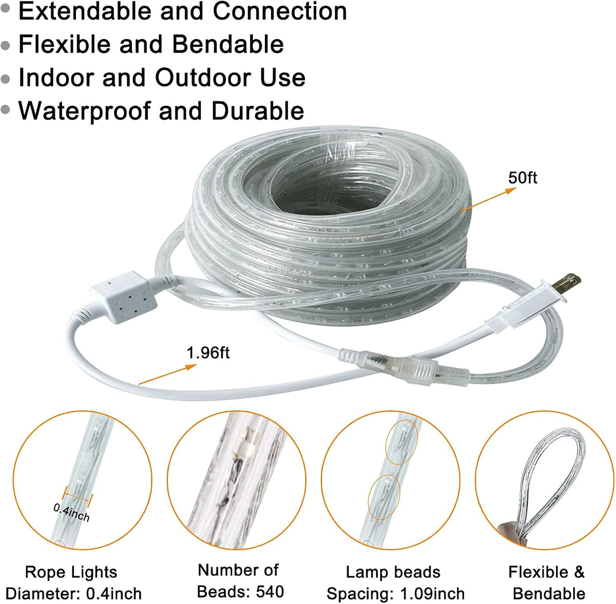 SURNIE LED Rope Lights Outdoor Warm White, Waterproof 50FT Cuttable 3000K Lighting Indoor 110V Connectable Flexible Electric Lights for Christmas Trees Bedroom Outside Patio Decor, Not Flat Strip