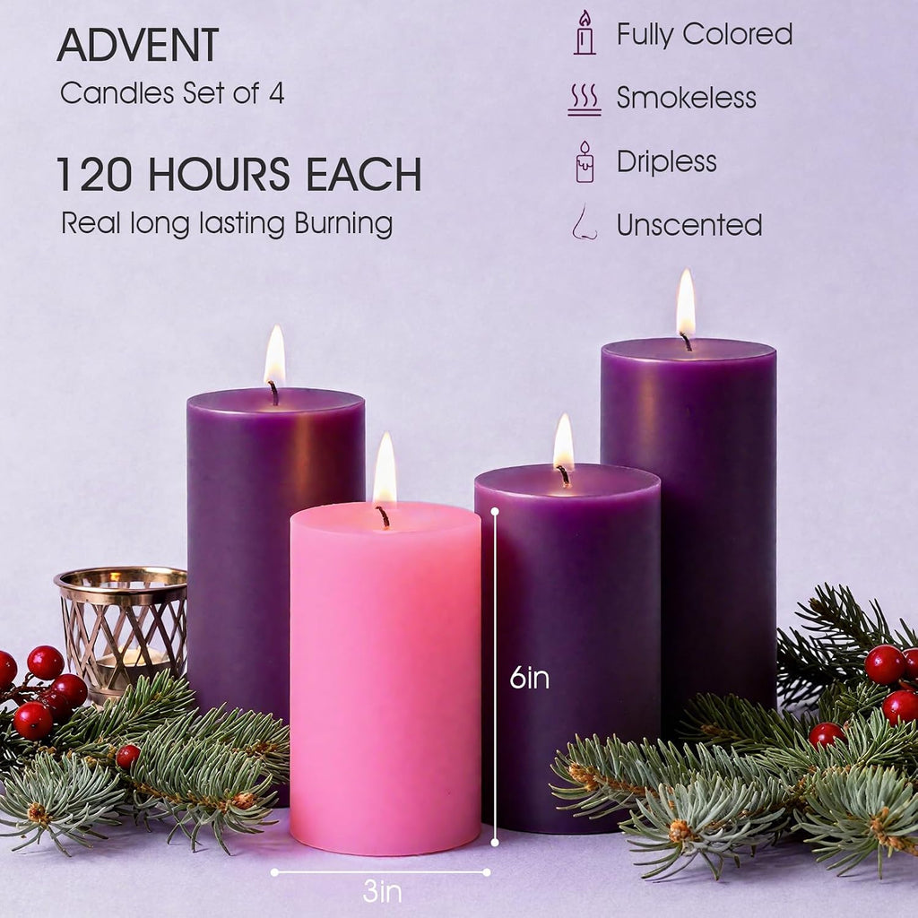 Advent Candle Set of 4, Unscented Pillar Candles 3" x 6" Hand-Poured, Advent Pillar Candle can Burn 120 Hours, Christmas Advent Candles for Advent Wreath