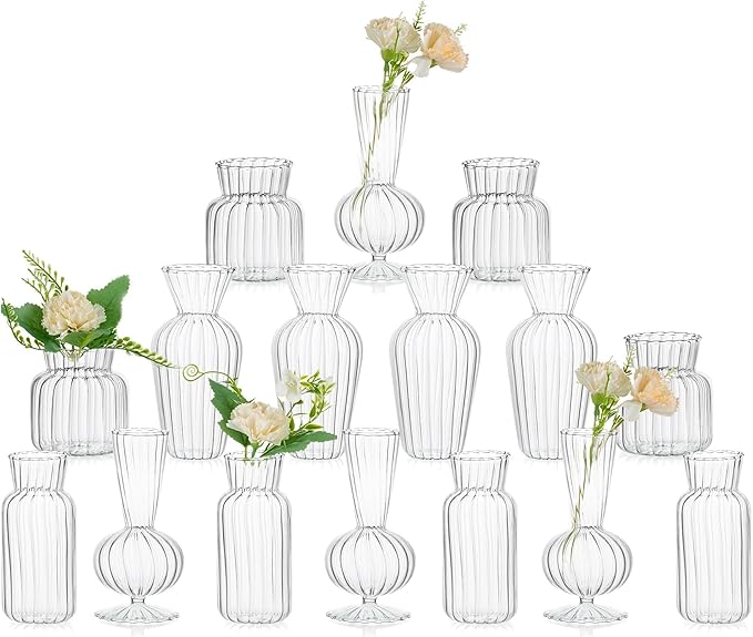 Modern Clear Glass Bud Vase Bulk Set: Glasseam 16Pcs Small Mini Flower Centerpieces Vases Handmade Decorative Cute Short Window Corner Home Decor for Wedding Reception Dining Table Single Rose
