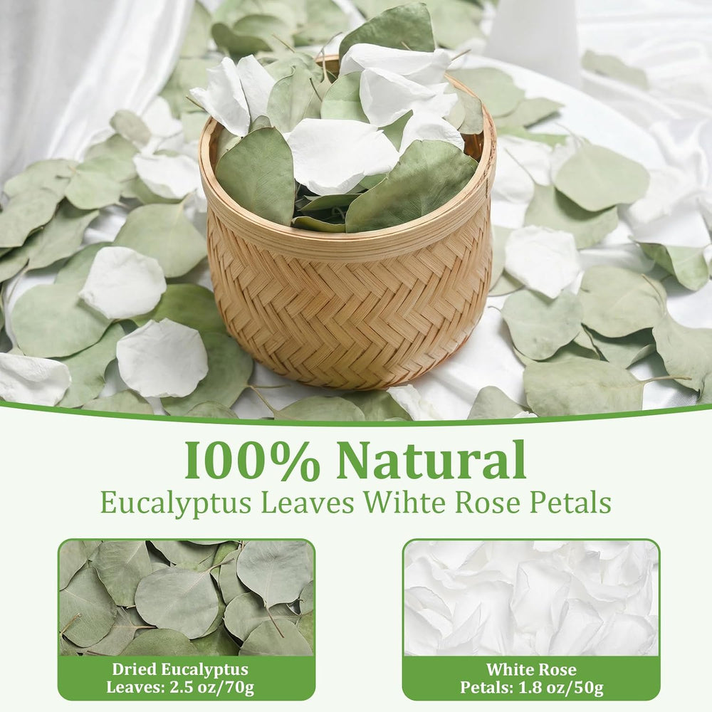 500+PCS Real White Rose Petals & Eucalyptus Leaves Flower Petals