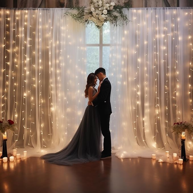 10ft x 10ft White Chiffon Backdrop Curtain with Lights String for Parites Wedding Wrinkle Free Curtain Photo Backdrops Drapes for Baby Shower Birthday Party Home Decorations