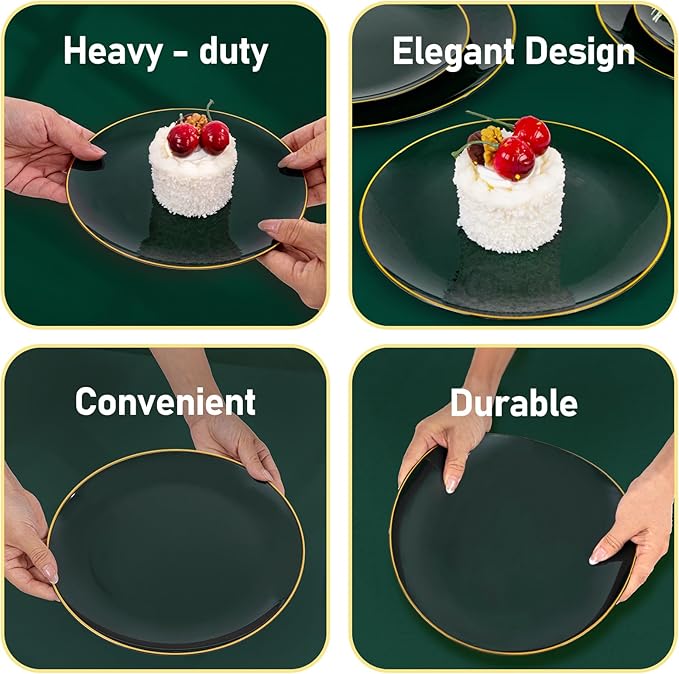 bUCLA 100PCS Green Plastic Plates - Heavy Duty Green Disposable with Gold Rim Include 50 Dinner 10 inch & 50 Dessert 7 inch Plates, Ideal for Party & Christmas