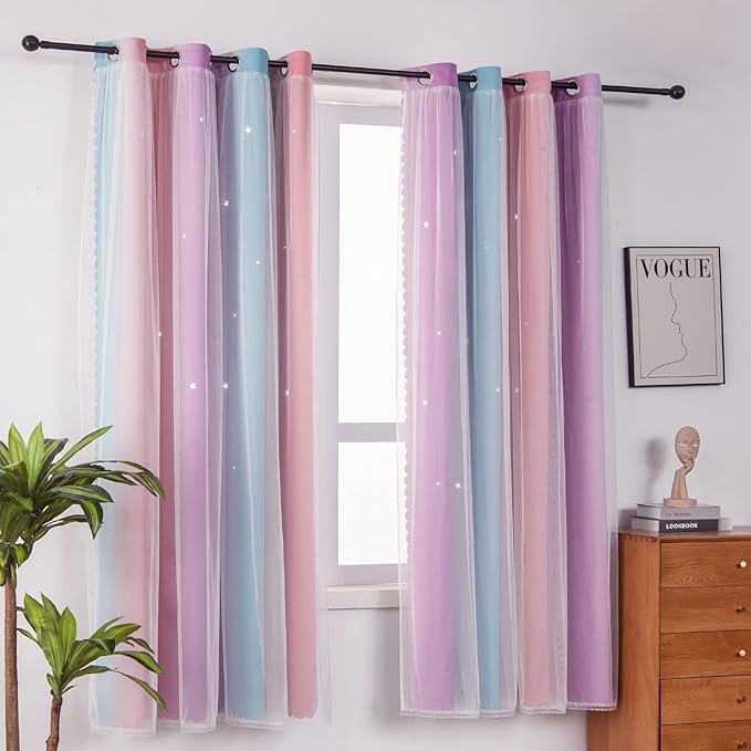 FANLI Ombre Rainbow Blackout Curtains for Kid Girls Bedroom Living Room Darking Stripe Double Layer Star Cut Out Wall Home Decor Gradient Grommet Window Curtains (Pink Purple, 52W x 63L)