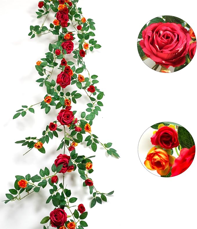 6FT Pink Flower Garland Artificial Rose Vines Hanging Floral Garland for Home Decor Wall Trellis Fence Wall Decoration (Red 2pcs)