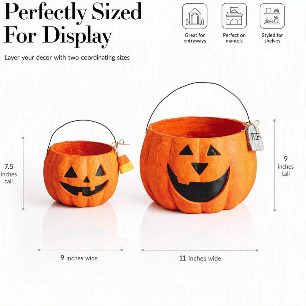 Mud Pie Paper Mache Pumpkin Treat Buckets, Set of 2 Halloween Candy Pails