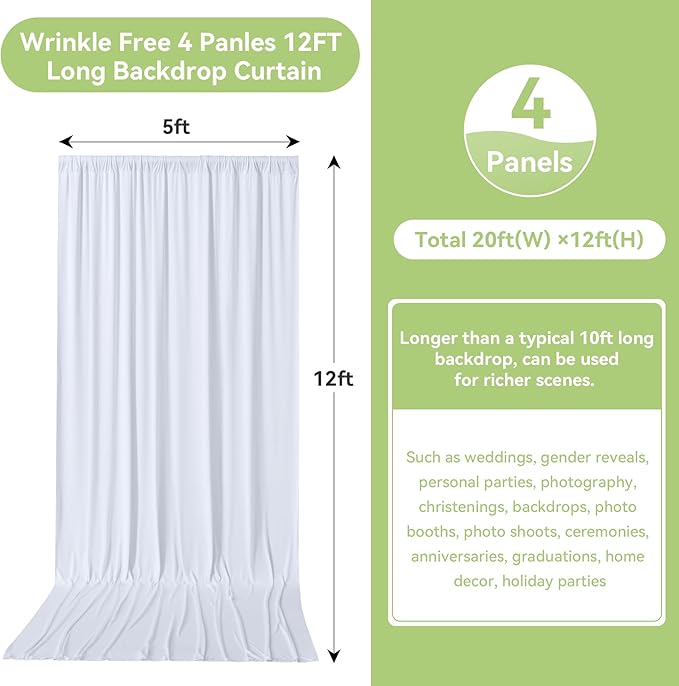 20ftx12ft Wrinkle Free White Backdrop Curtain, 4 Panels 12FT Height White Wedding Backdrop Drapes, Silky Polyester Back Drop Cloth for Birthday Photography Background Party Backdrop Draping