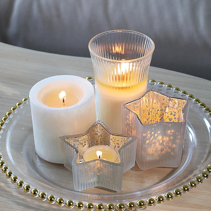 Letine 10pcs Frosted Silver Ribbed Star Candle Cups - Assorted Height Tea Light Candle Holders, Mercury Glass Votives for Wedding, Fall Table Centerpiece& Holiday Decorations (Tall 2.44", Short 1.57")