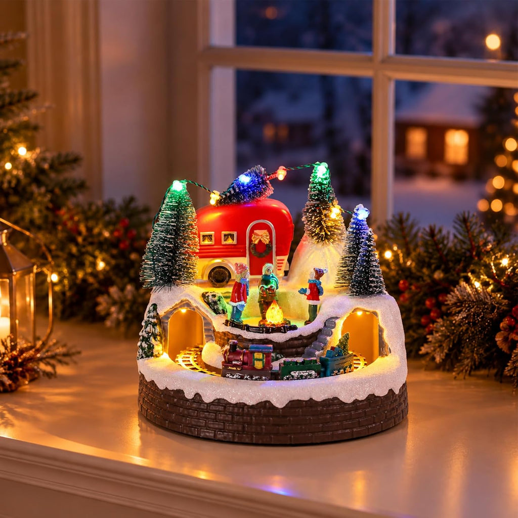 MUMTOP Animated Christmas Village Camper with Moving Train, Holiday Display