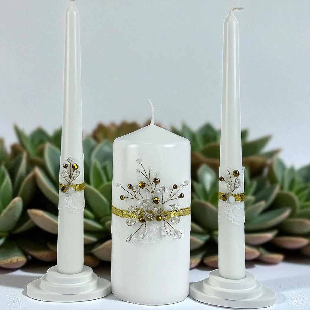 Unity Candle Set - Wedding Ceremony & Reception – 6” Pillar & Two 10” Taper Candles – Long Burning Unity Candles for Marriage Ritual – Handmade in USA – Diamond |Gold