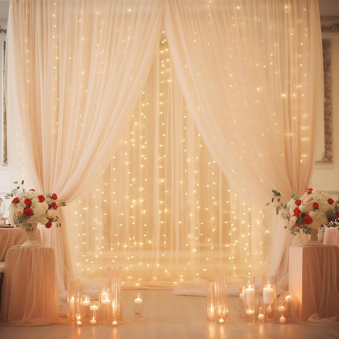 10ft x 10ft Champagne Chiffon Backdrop Curtain with Lights String for Parites Wedding Wrinkle Free Curtain Photo Backdrops Drapes for Baby Shower Birthday Party Home Decorations