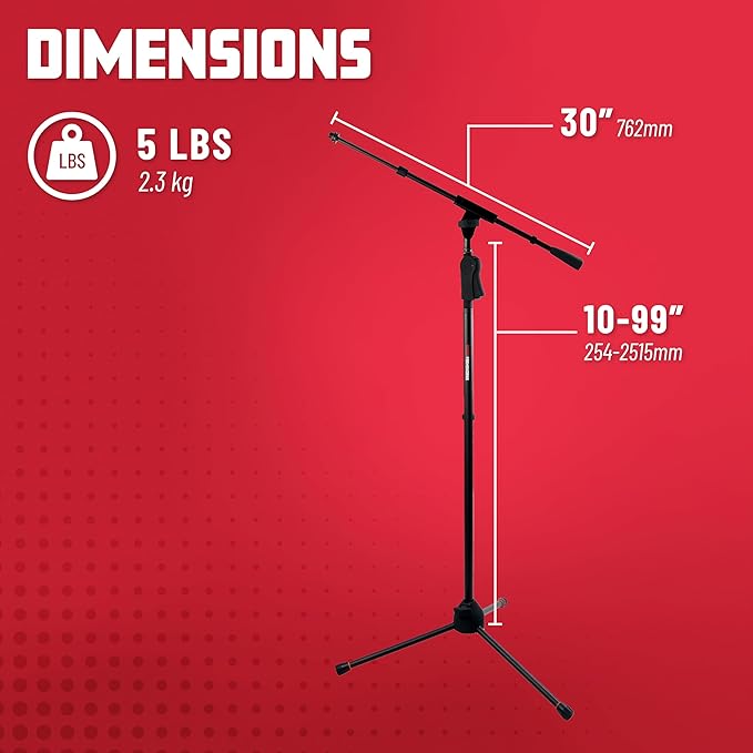 Gator Frameworks Deluxe Tripod Microphone Stand with Clutch Height Adjustment and Telescopic Boom Arm, (GFW-MIC-2120)