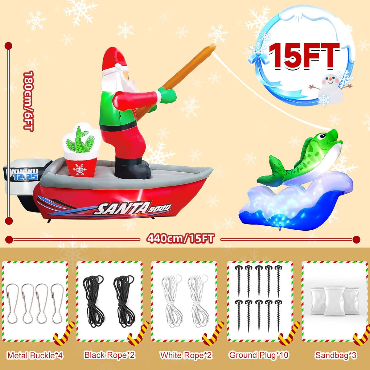 kalolary 15ft long christmas inflatables fishing santa claus shown in use