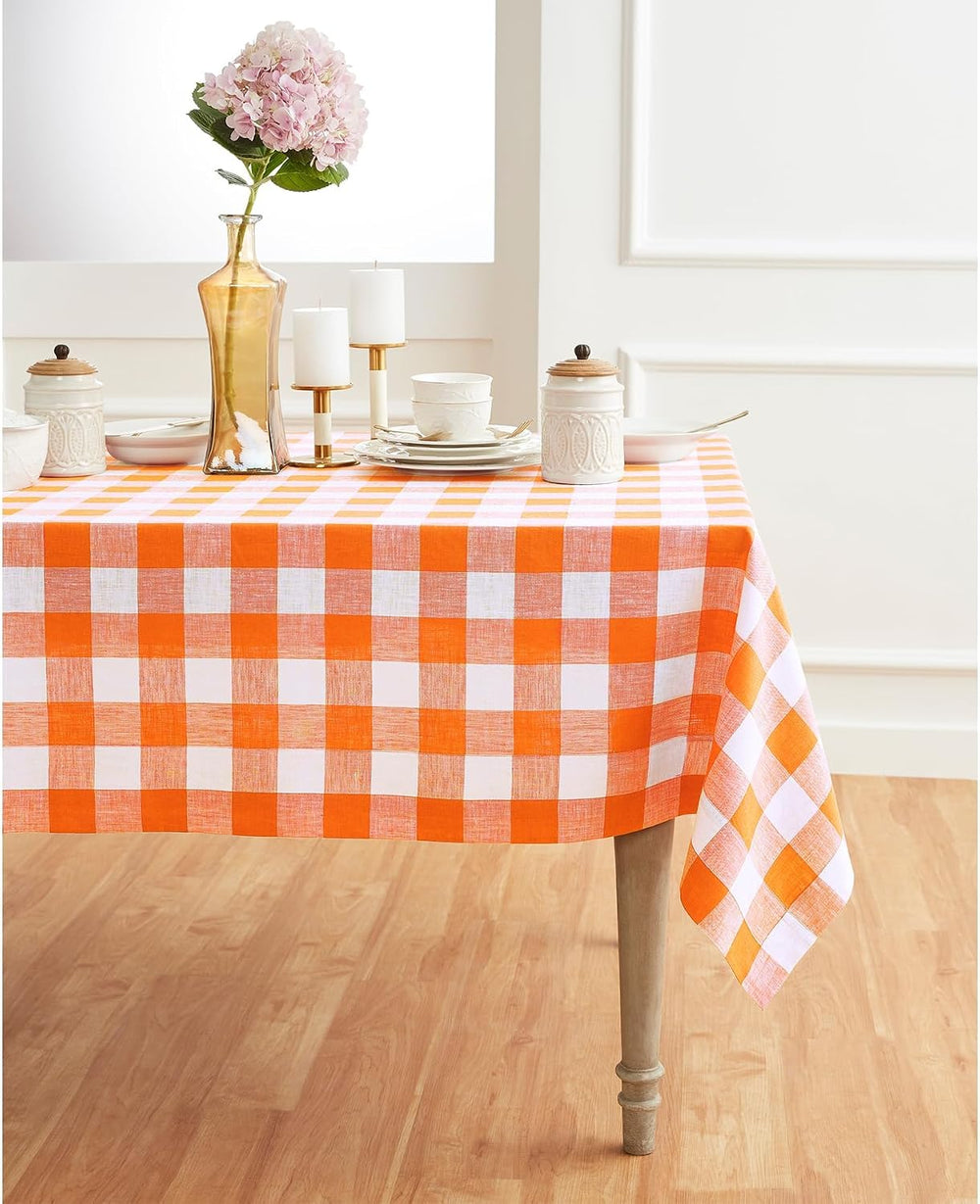 Solino Home 100% Linen Tablecloth, 60 x 108 in, Pumpkin and White Check