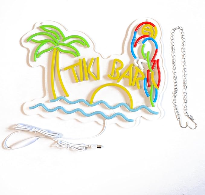 LED Neon Tiki Bar Signs Dimmable Beach Theme Wall Decor Hawaii Pool Bar Party Gift for Boys Girls-16 x 12.2 IN-USB Powered-Acrylic