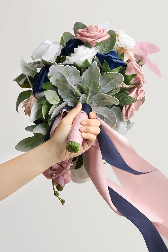 Ling's moment Pink Blue Bridal Bouquet Cascading, Dusty Rose Navy Wedding Bouquets for Bride, 13 Inch Bride Artificial Flowers Bouquets