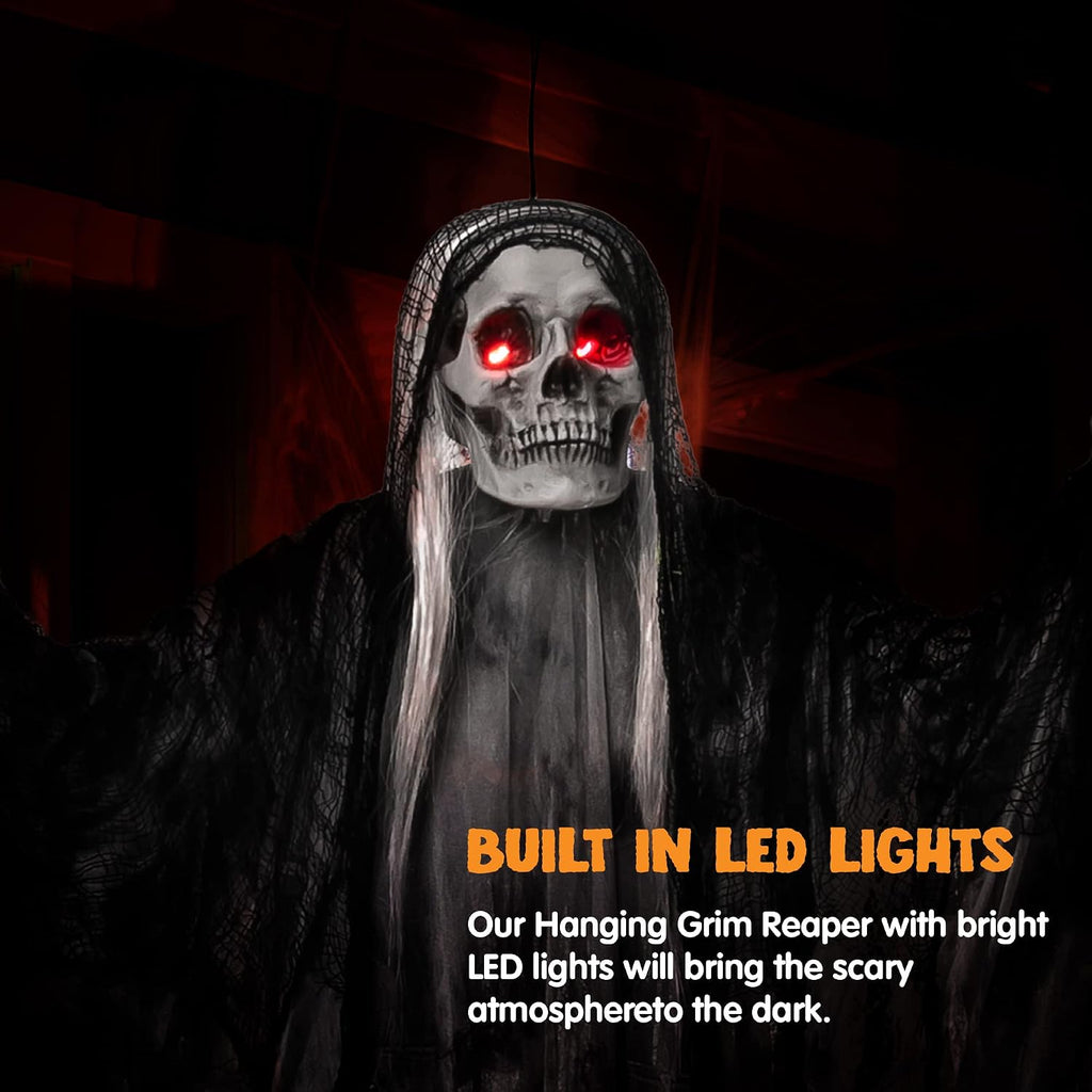 JOYIN Halloween Animated Hanging Grim Reaper Outdoor Decorations with Voice Control Glowing Eyes and Creepy Sound, Halloween Decoration for Haunted House Prop Graveyard Lawn Indoor Party Supplies