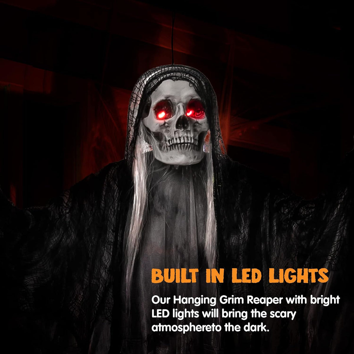JOYIN Halloween Animated Hanging Grim Reaper Outdoor Decorations with Voice Control Glowing Eyes and Creepy Sound, Halloween Decoration for Haunted House Prop Graveyard Lawn Indoor Party Supplies