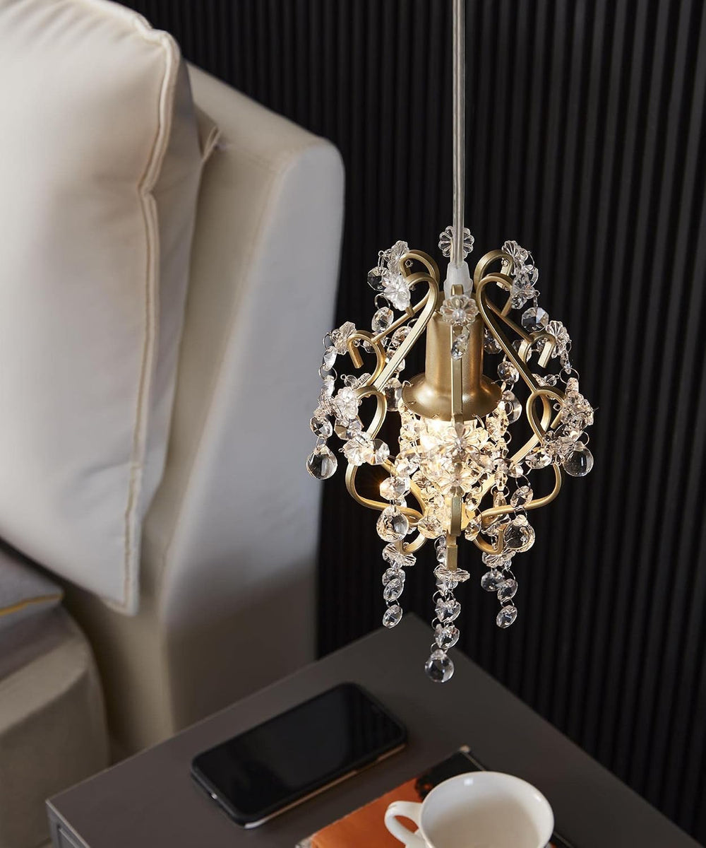 Surpars House Elegant Mini Chandelier Plug in Crystal Pendant Light,Golden