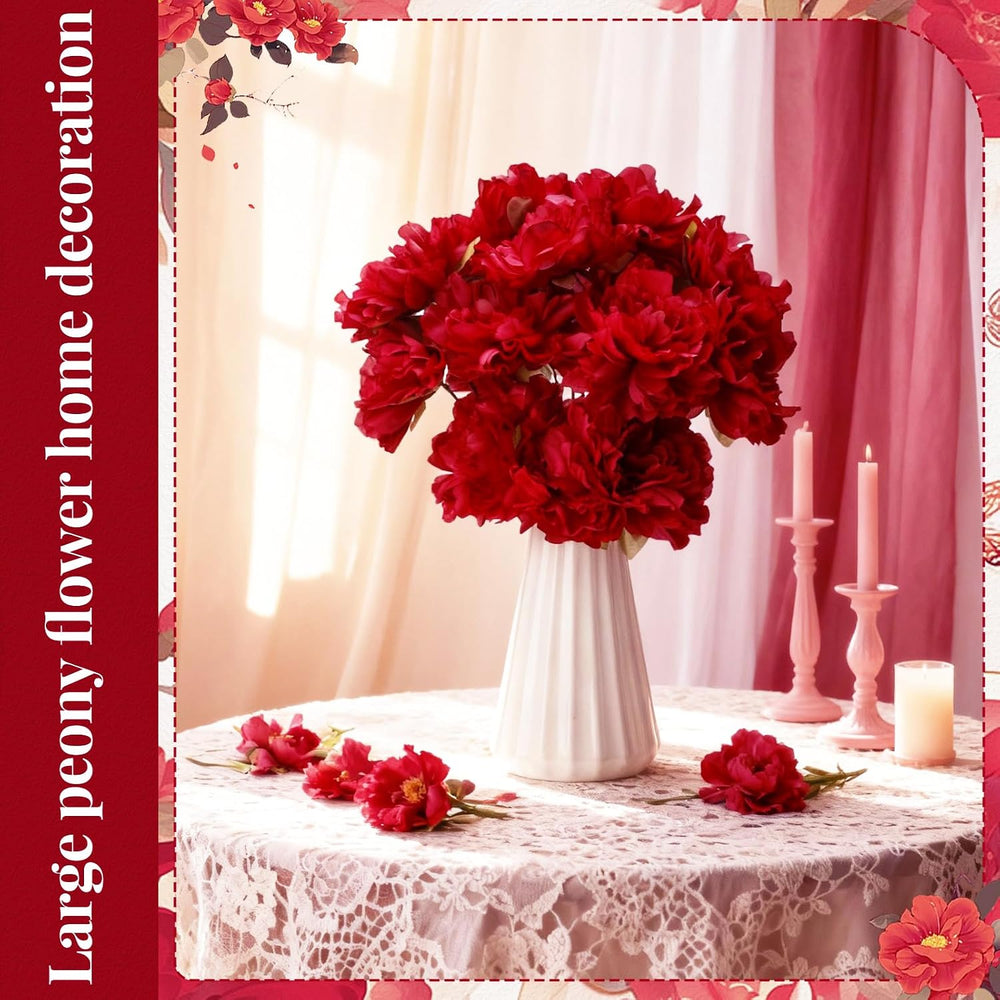 50 Pcs Artificial Peony Flowers with Wire Stems, Red