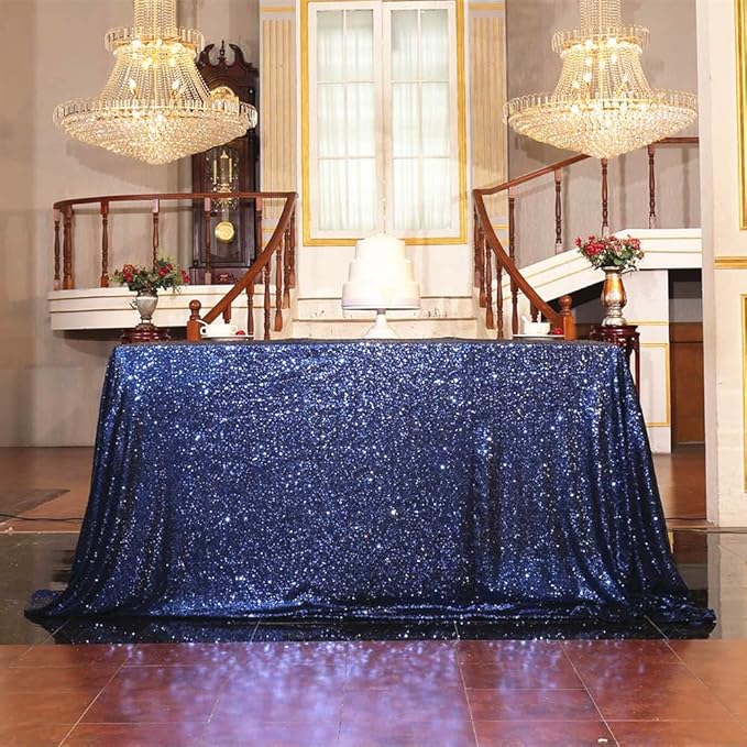 SquarePie Sequin Tablecloth 60 x 120 Inch Navy Blue Sparkly Table Linen for Wedding Party