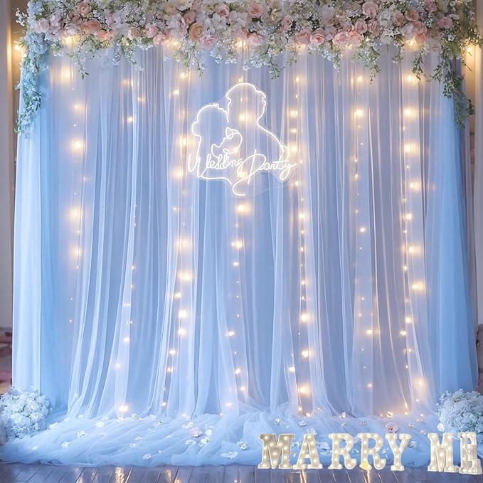 Blue Tulle Backdrop Curtains with Lights String for Parites Baby Shower 20×8ft Blue Sheer Backdrop Curtains Drapes for Bridal Shower Birthday Party Photo Shoot Background Decorations(4 Panels 5×8ft)