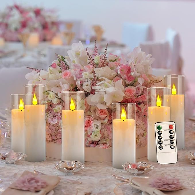 Set of 24 Flickering Flameless Candles Battery Operated with Remote and 2/4/6/8 H Timer Plexiglass Led Pillar Candles with Realistic Moving Wick Candles for Home Decor (D2.2"xH 5"6"7")(White)