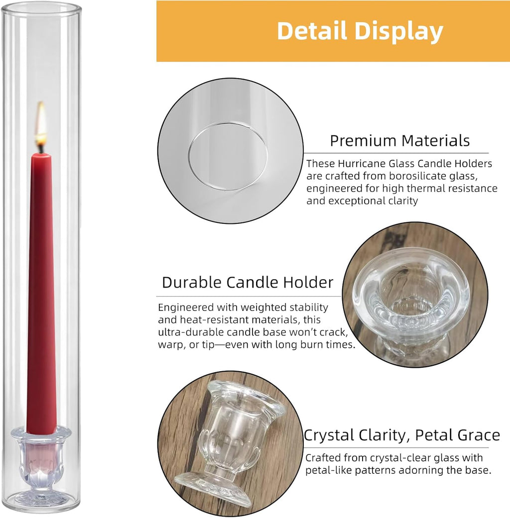 Glass Hurricane Candle Holders – 12 Clear Cylinder Covers & 12 Taper Candlestick Holders, 2.6" D x 13.8" H Windproof Candle Holders for Wedding, Patio Table, Outdoor Christmas Party Décor (12) (12 Pack)