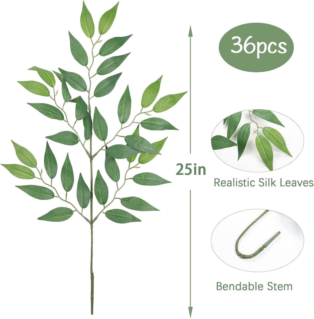 mizii 36pcs Italian Ruscus Artificial Greenery Stems Silk Green Leaves 20in F...