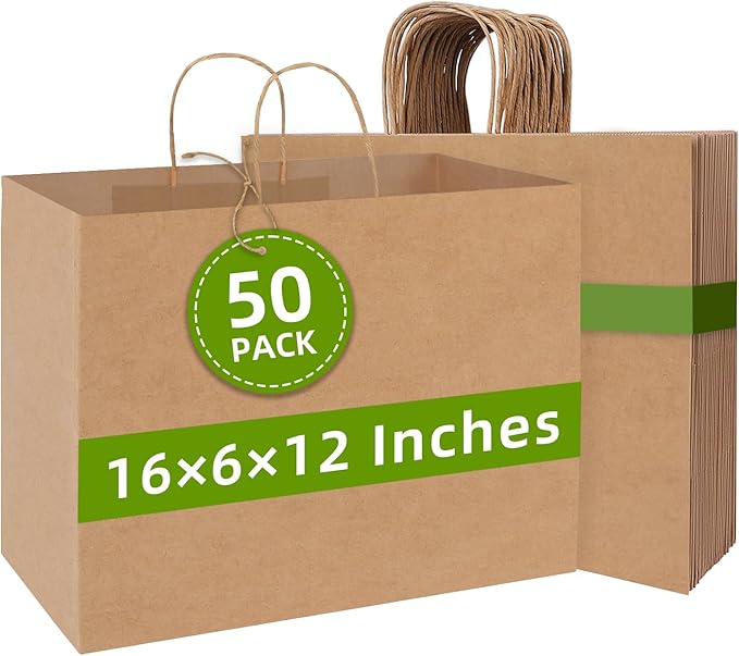 Johuivo Brown Paper Bags with Handles, 50 Pcs Brown Shopping Paper Bags, Recyclable Kraft Gift Bag and Retail Bag for Small Business, Grocery, Party Favors, 16x6x12 Inches