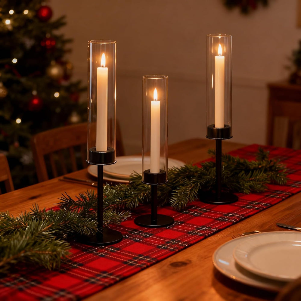 Black Hurricane Glass Candle Holders Set of 3 Tall Taper Candlestick Holder