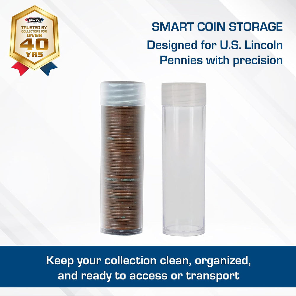 BCW Penny Coin Tubes for US Lincoln Pennies, Airtight Screw Caps, 100 Pack