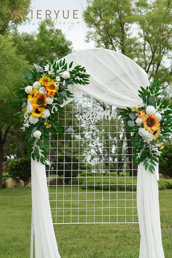 Artificial Wedding Arch Flowers Kit(Pack of 3),2Pcs Artificial Flower Arch Decor,1Pcs Sheer Drape for Wedding Ceremony Arbor for WeddingCeremony (Sunflower Wedding)
