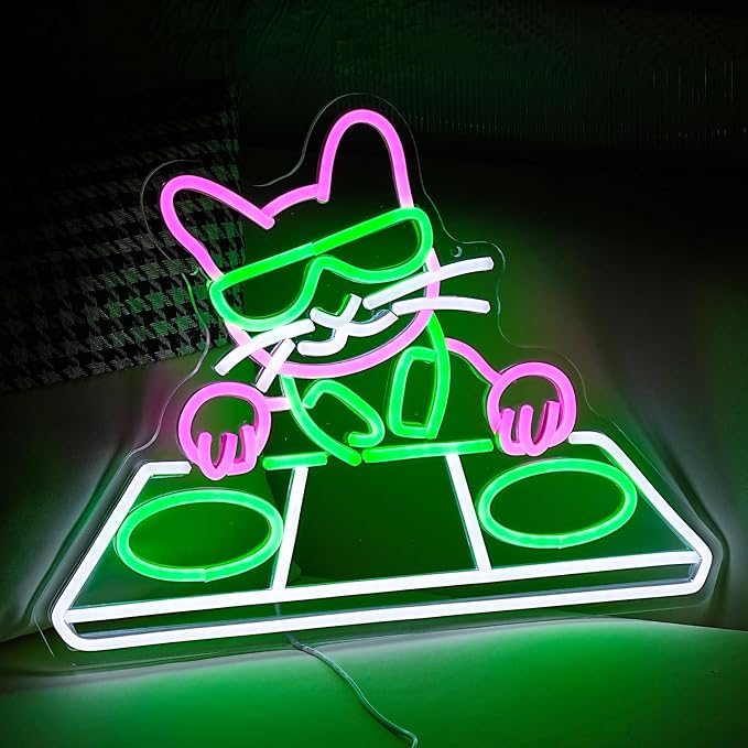 Cat DJ Player Neon Sign Dimmable DJ Player Led Neon Light for Wall Decor USB Powered Cool Neon Light Sign for Bar Party Man Cave Bedroom Art Wall Decoration