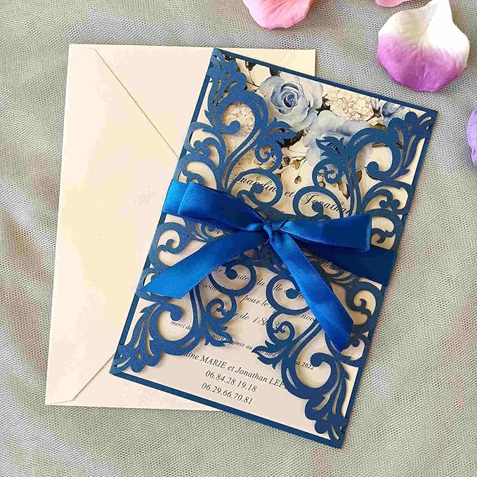 25PCS Royal Blue Laser Cut Wedding Invitations Cards with Envelopes,Blank pearl royal blue