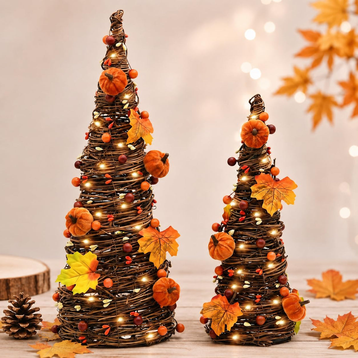 lighted fall table tree decor, farmhouse pumpkin fall shown in use