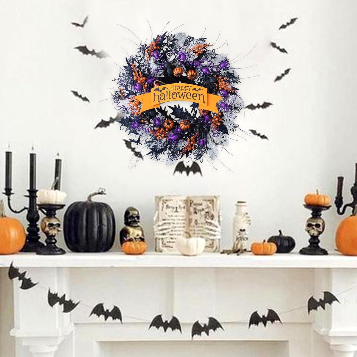 22 Inch Halloween Glitter Pumpkin Spider Wreath for Front Door
