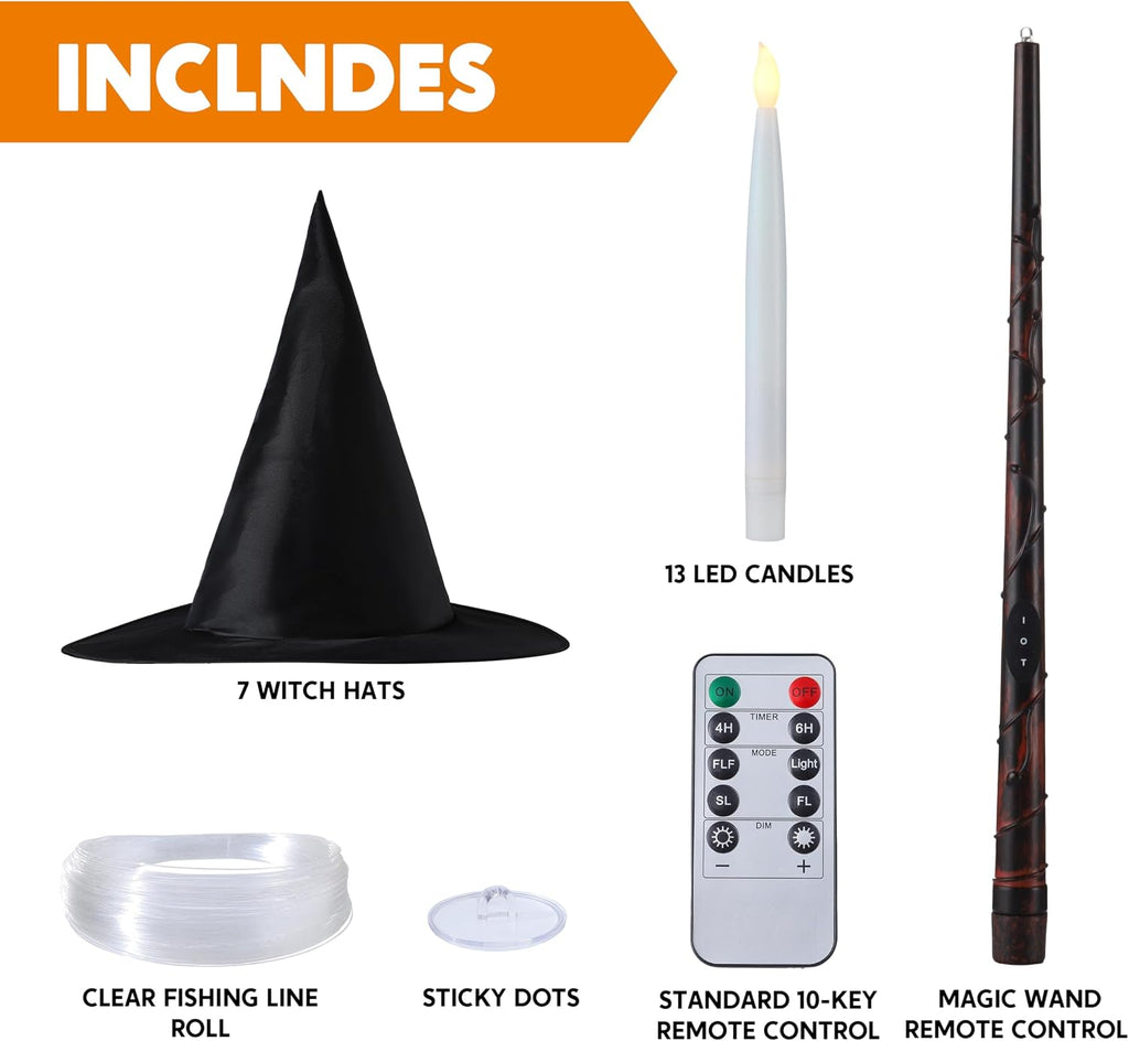 JOYIN 20Pcs Halloween Floating Candles and Witch Hat Light Up with Wand Remote Set Magic Hanging Candles and Wizard Hat with 2 Light Mode and Timer for Halloween Window Ceiling Porch Theme Party Decor