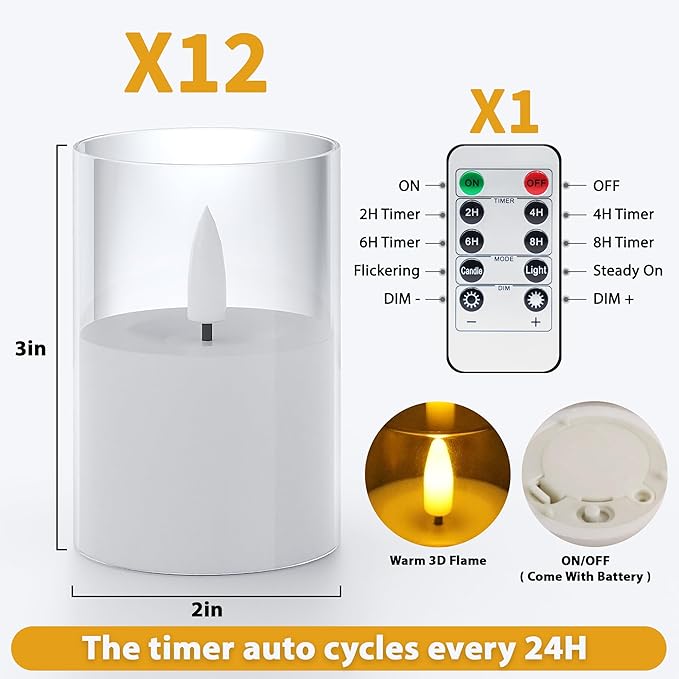12Pack Flickering Flameless LED Candles with Remote & Timer, Battery Powered - Small Pillar & Votive, Clear (2"X3")
